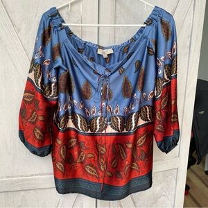 LOFT Blue and Red Paisley Peasant Top
